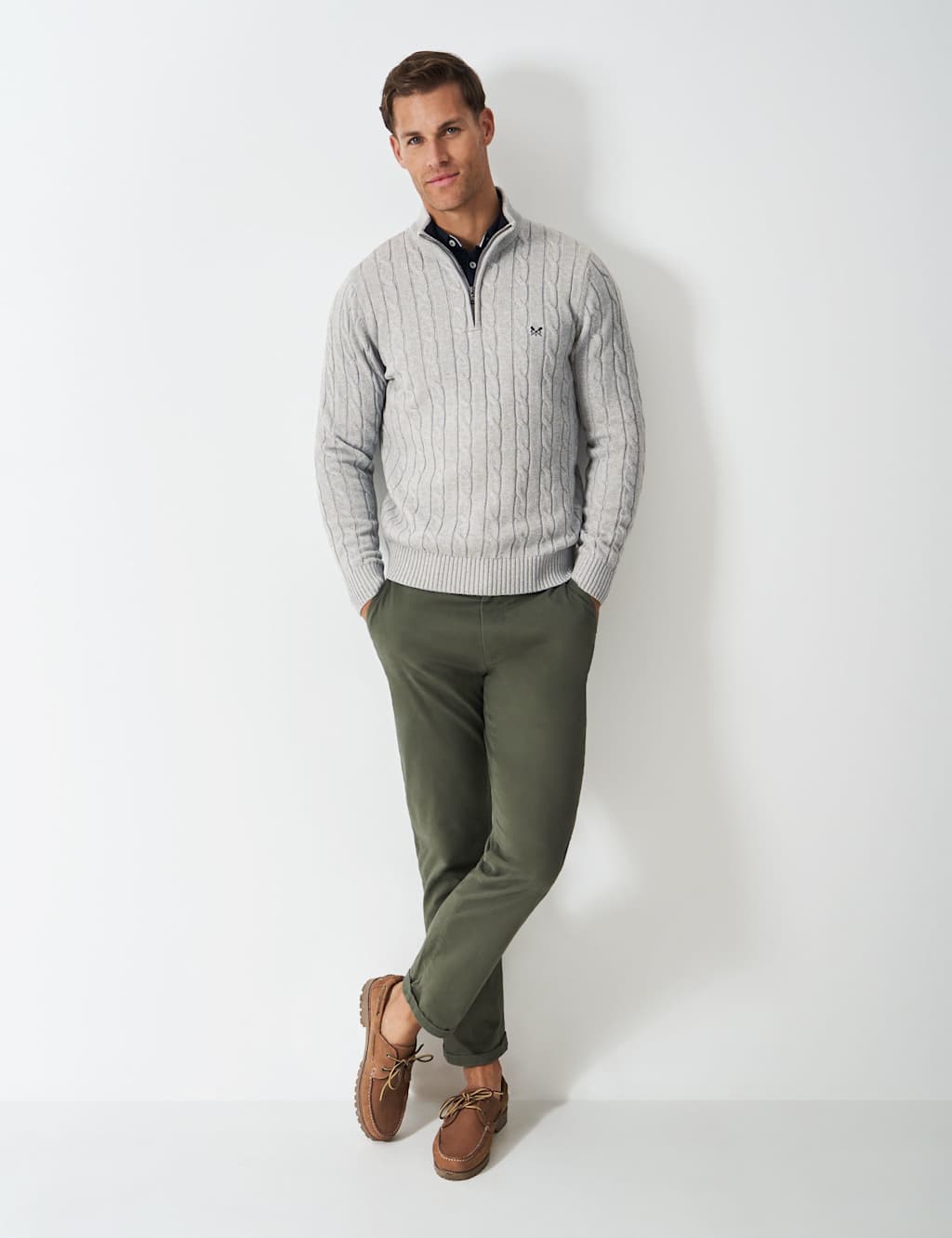 Crew Clothing Pure Cotton Cable Half Zip Jumper Medium Grey