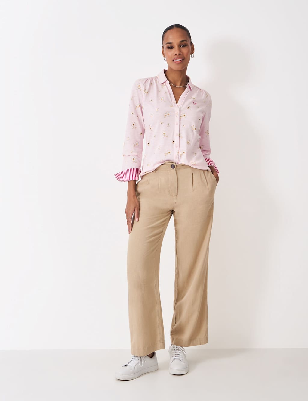 Crew Clothing Pure Cotton Floral Collared Shirt Pink Mix