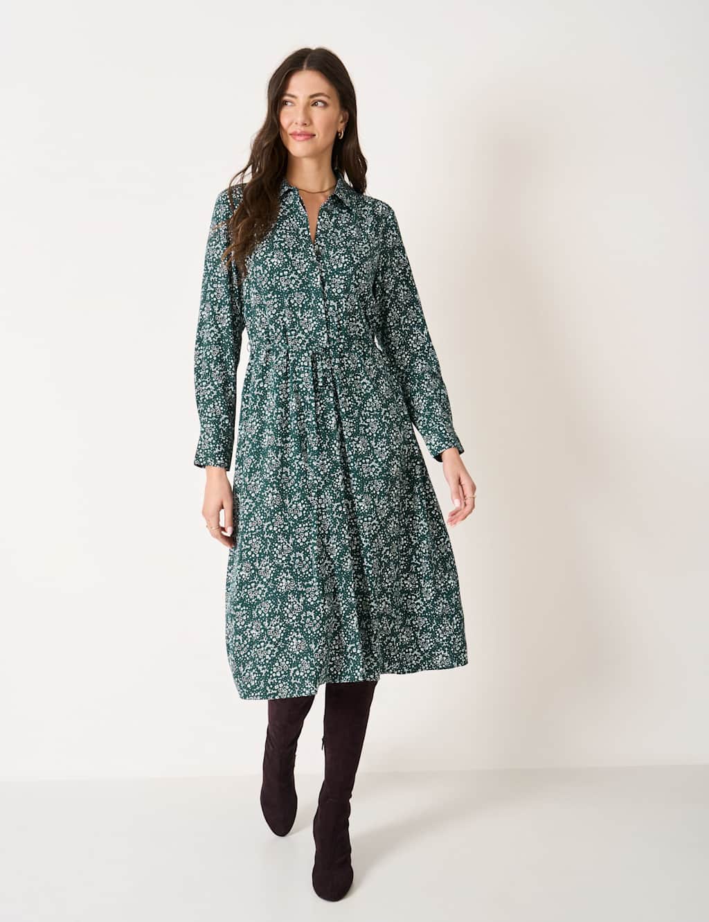 Crew Clothing Floral Midi Shirt Dress Dark Green