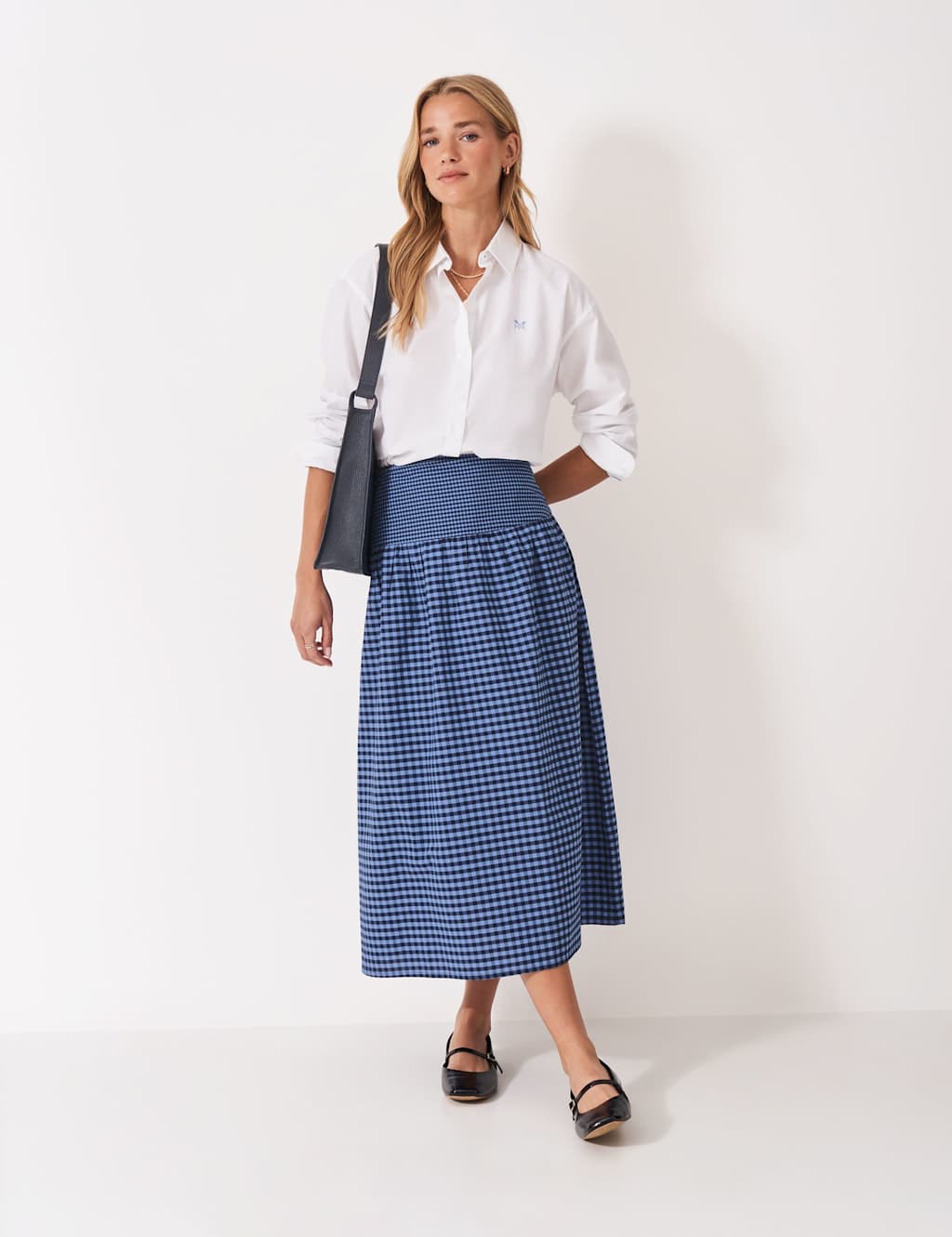 Crew Clothing Pure Cotton Gingham Midi A-Line Skirt Blue Mix