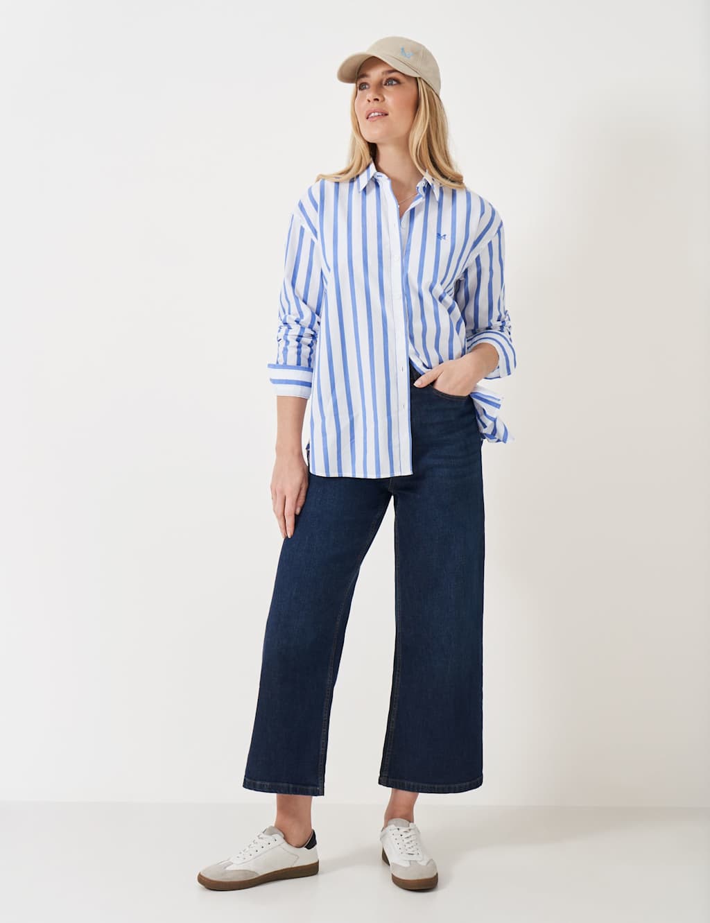 Crew Clothing Pure Cotton Poplin Striped Boyfriend Shirt Blue Mix