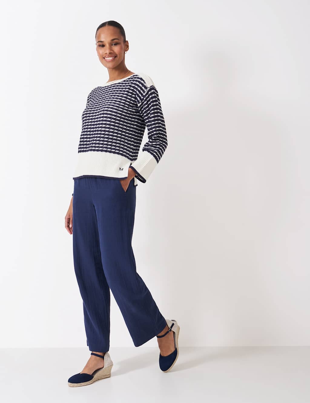 Crew Clothing Pure Cotton Textured Striped Jumper Blue Mix