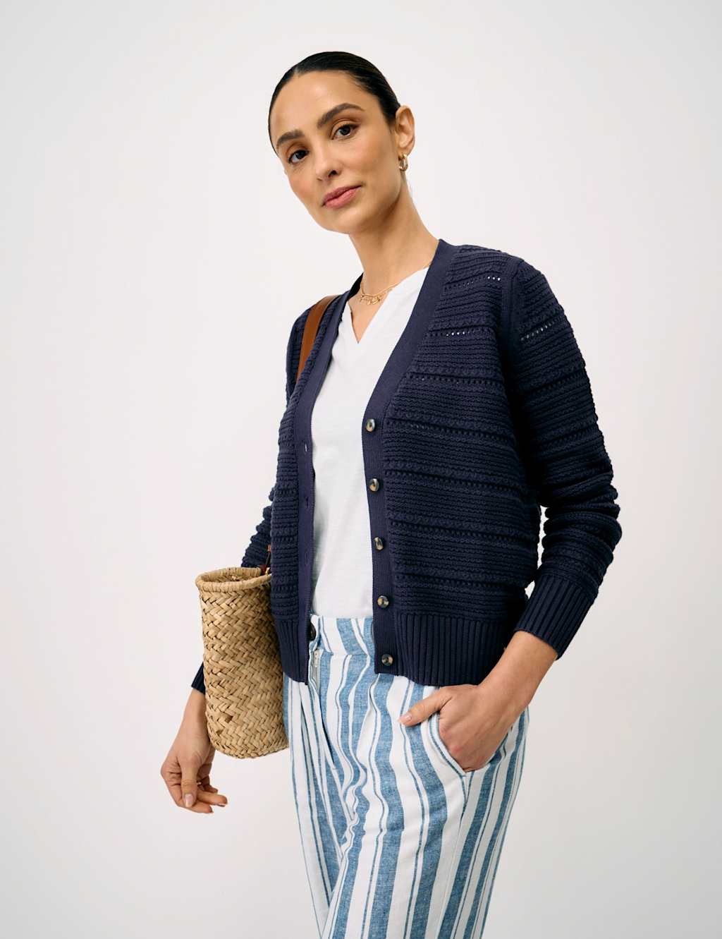 Crew Clothing Women's Pure Cotton Textured V-Neck Cardigan - 10 - Navy - Available at M&S