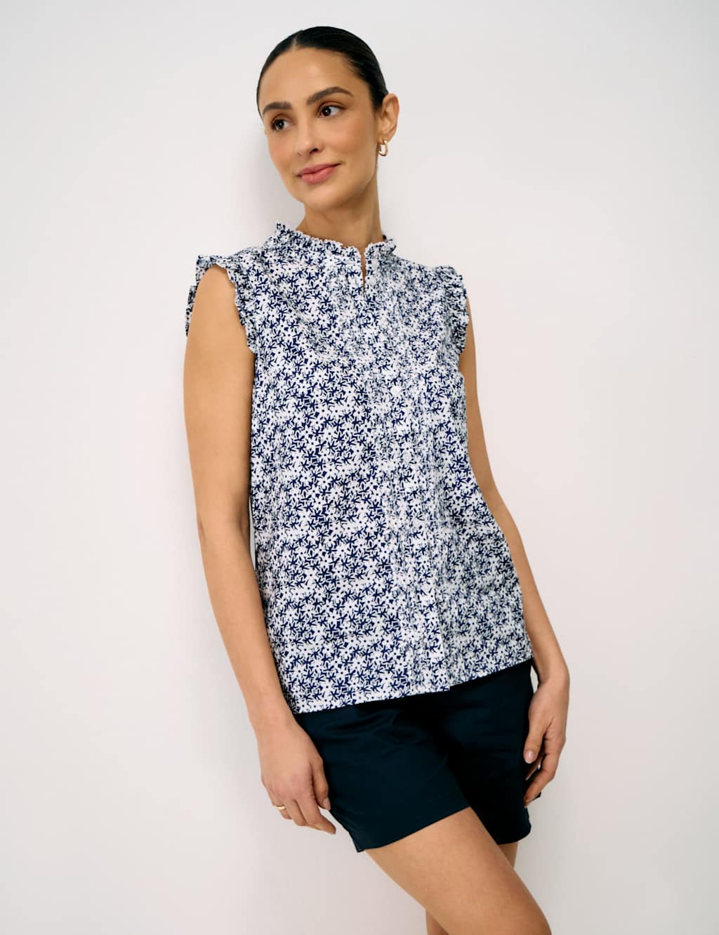 Crew Clothing Women's Pure Cotton Floral Frill Sleeve Blouse - 12 - Navy - Available at M&S
