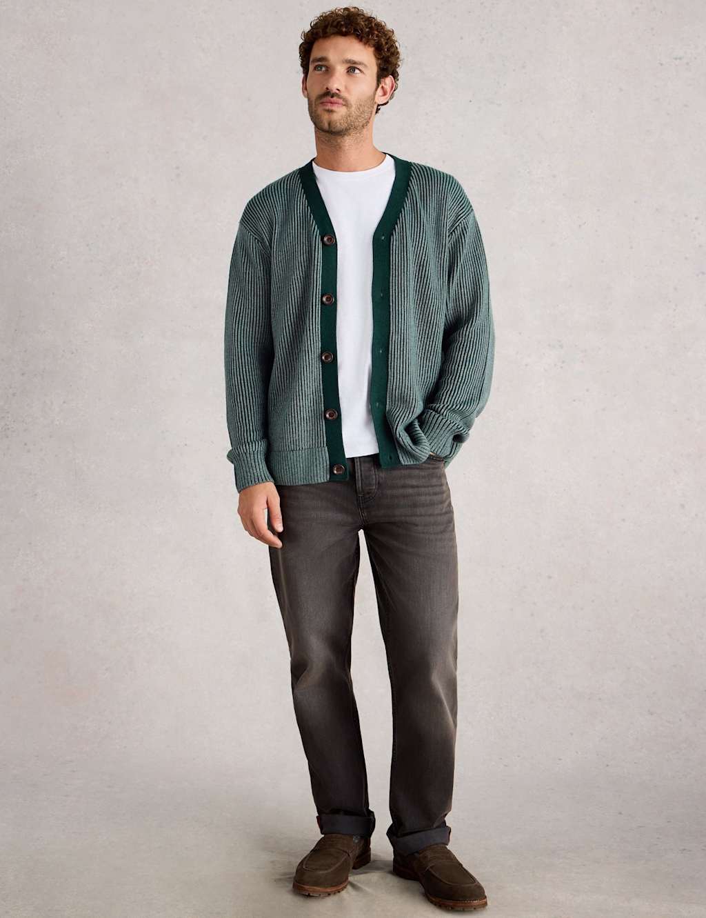 White Stuff Striped V-Neck Cardigan with Wool Blue Mix