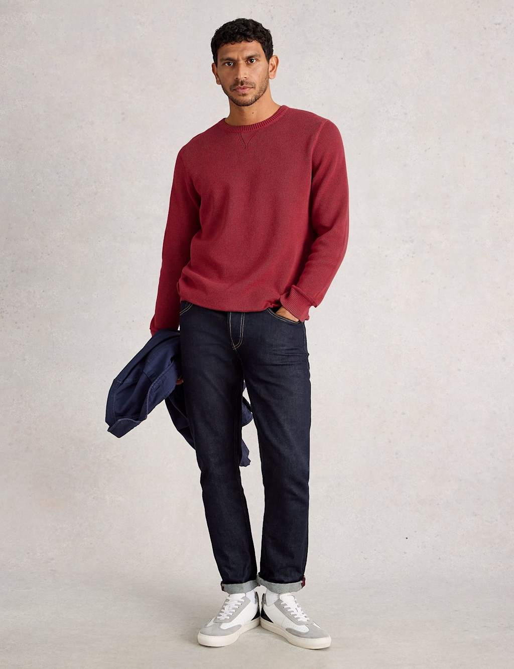 White Stuff Pure Cotton Textured Crew Neck Jumper Red