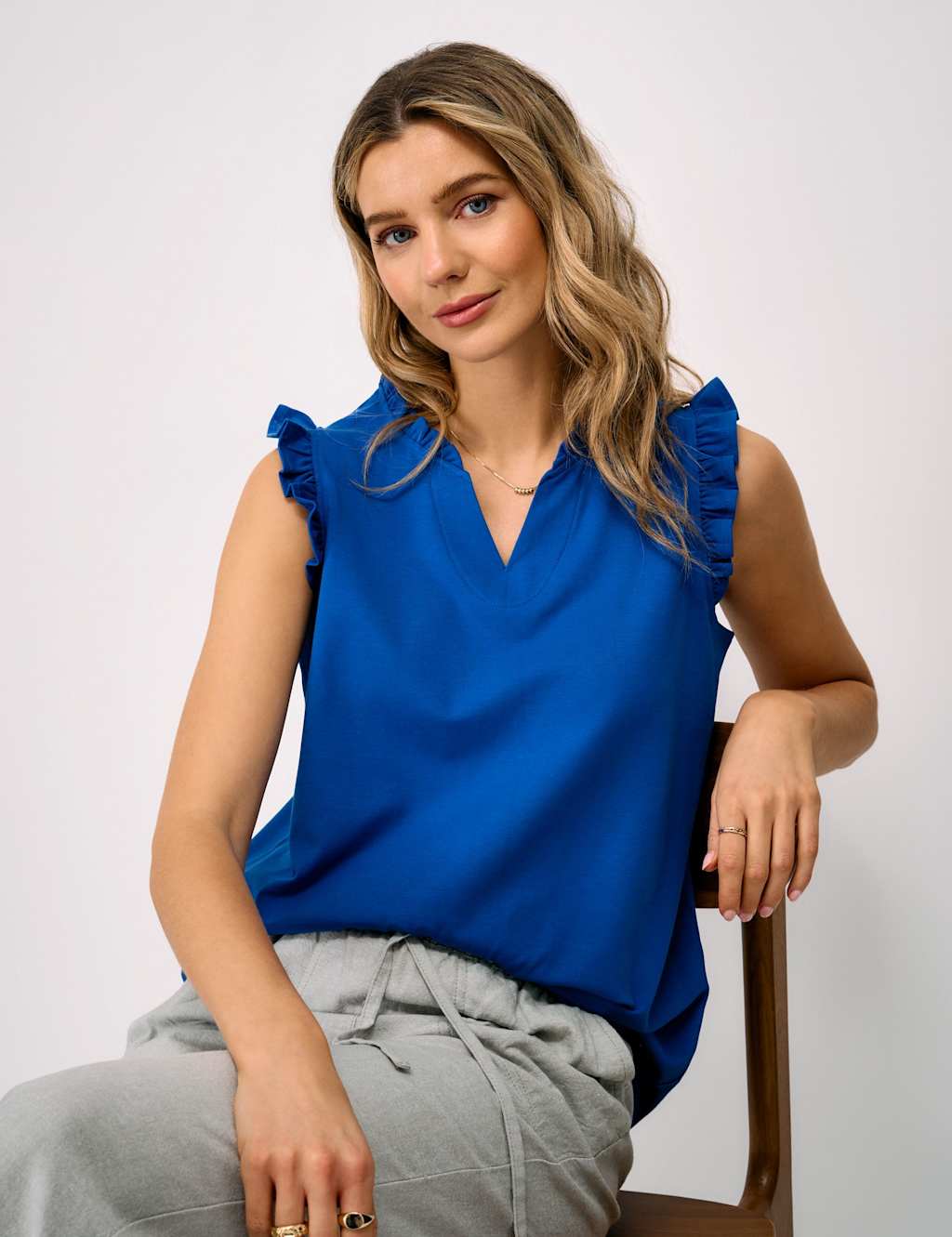 Crew Clothing Women's Jersey V-Neck Frill Detail Vest Top - 8 - Bright Blue - Available at M&S