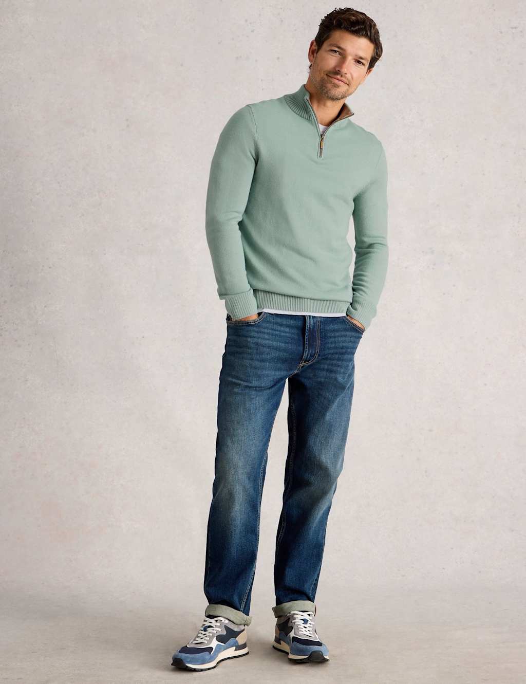 White Stuff Pure Merino Wool Quarter Zip Jumper Light Green