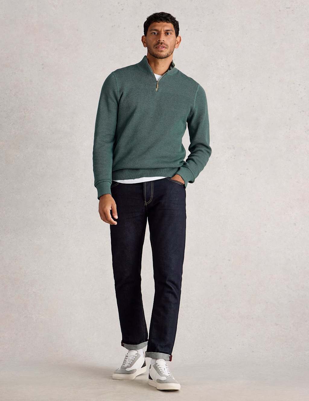 White Stuff Pure Cotton Textured Funnel Neck Jumper Green