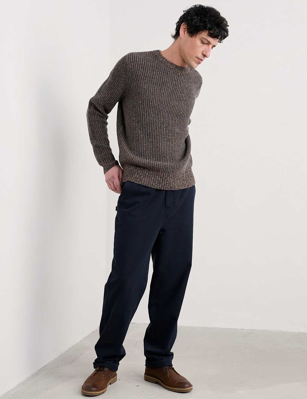 Seasalt Cornwall Lambswool Rich Ribbed Crew Neck Jumper Brown Mix