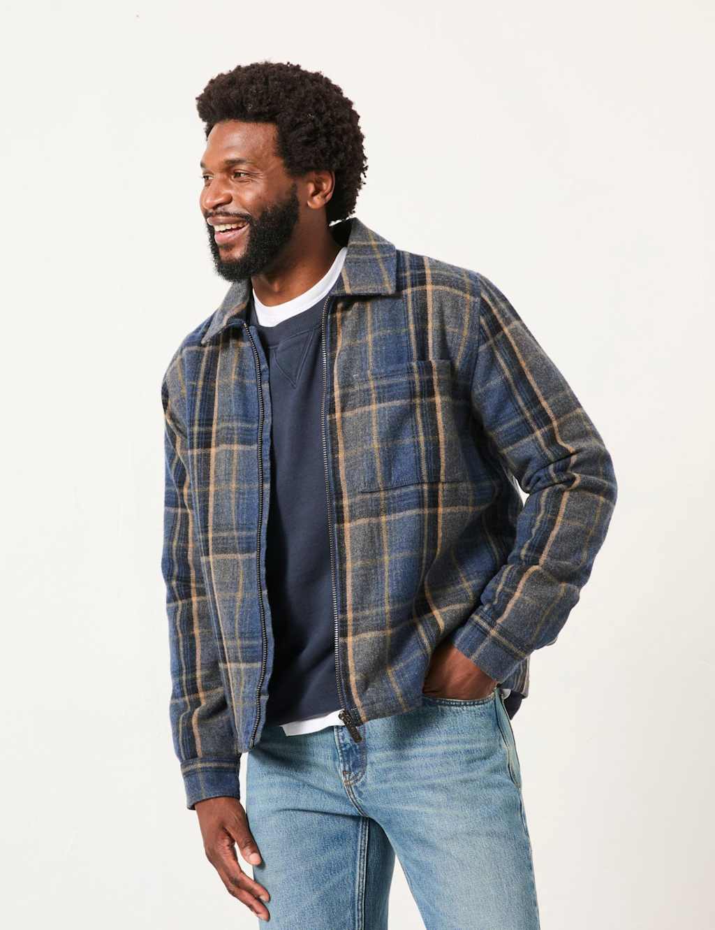 FatFace Wool Blend Checked Zip Up Overshirt Navy Mix