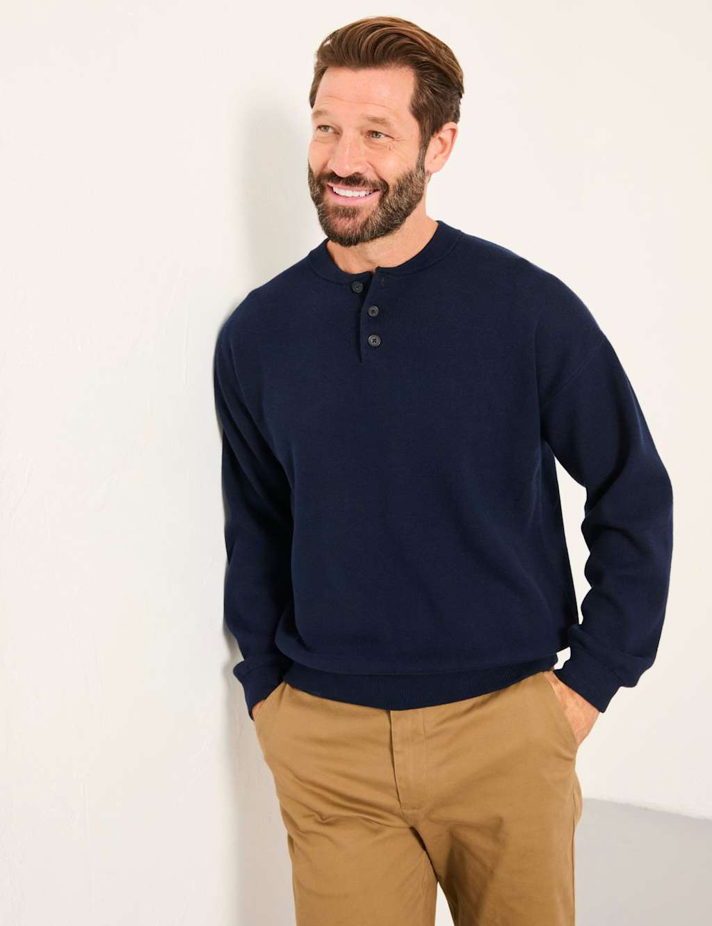 FatFace Cotton Rich Crew Neck Henley Top Navy