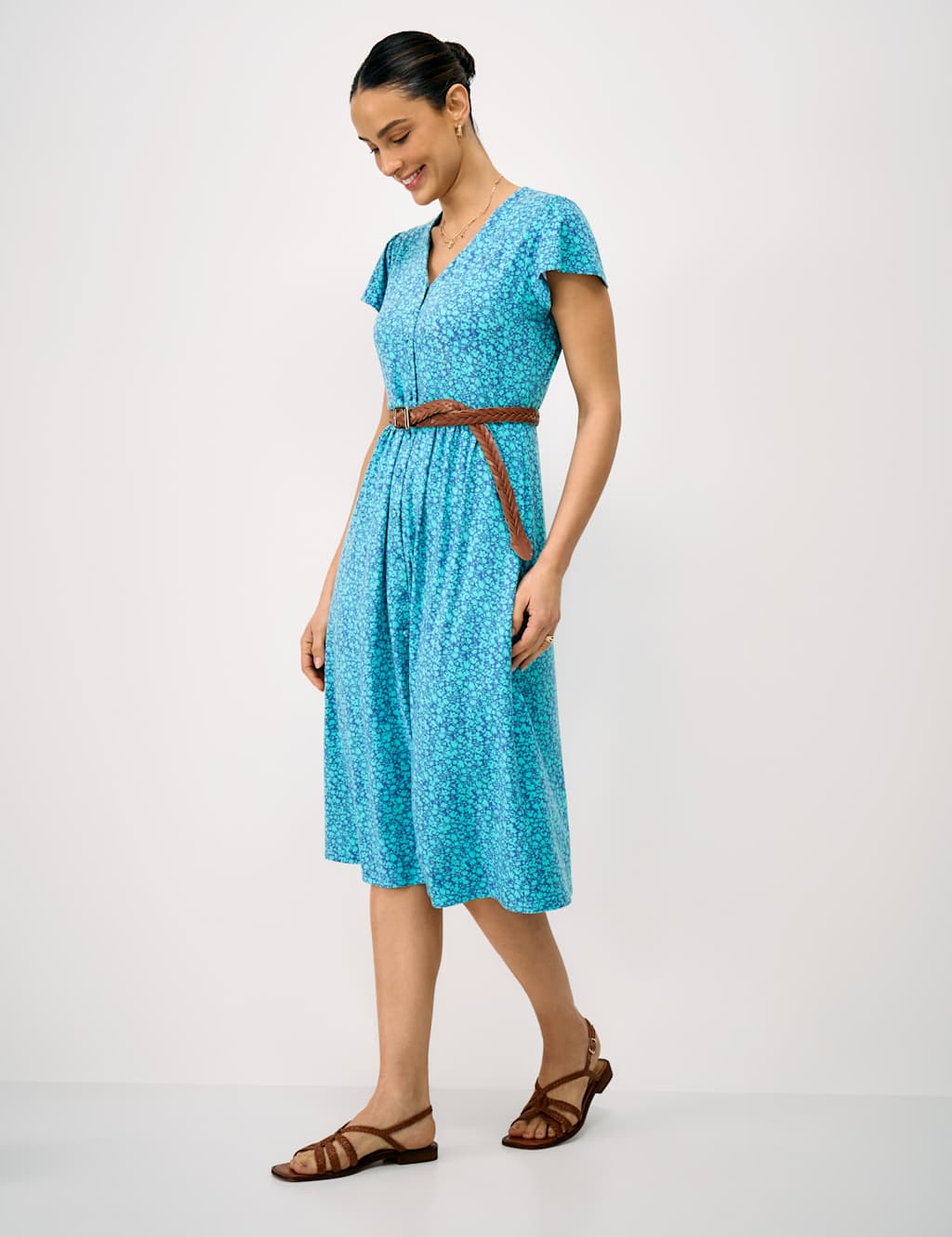 Crew Clothing Women's Jersey Floral V-Neck Midi Skater Dress - 8 - Turquoise - Available at M&S
