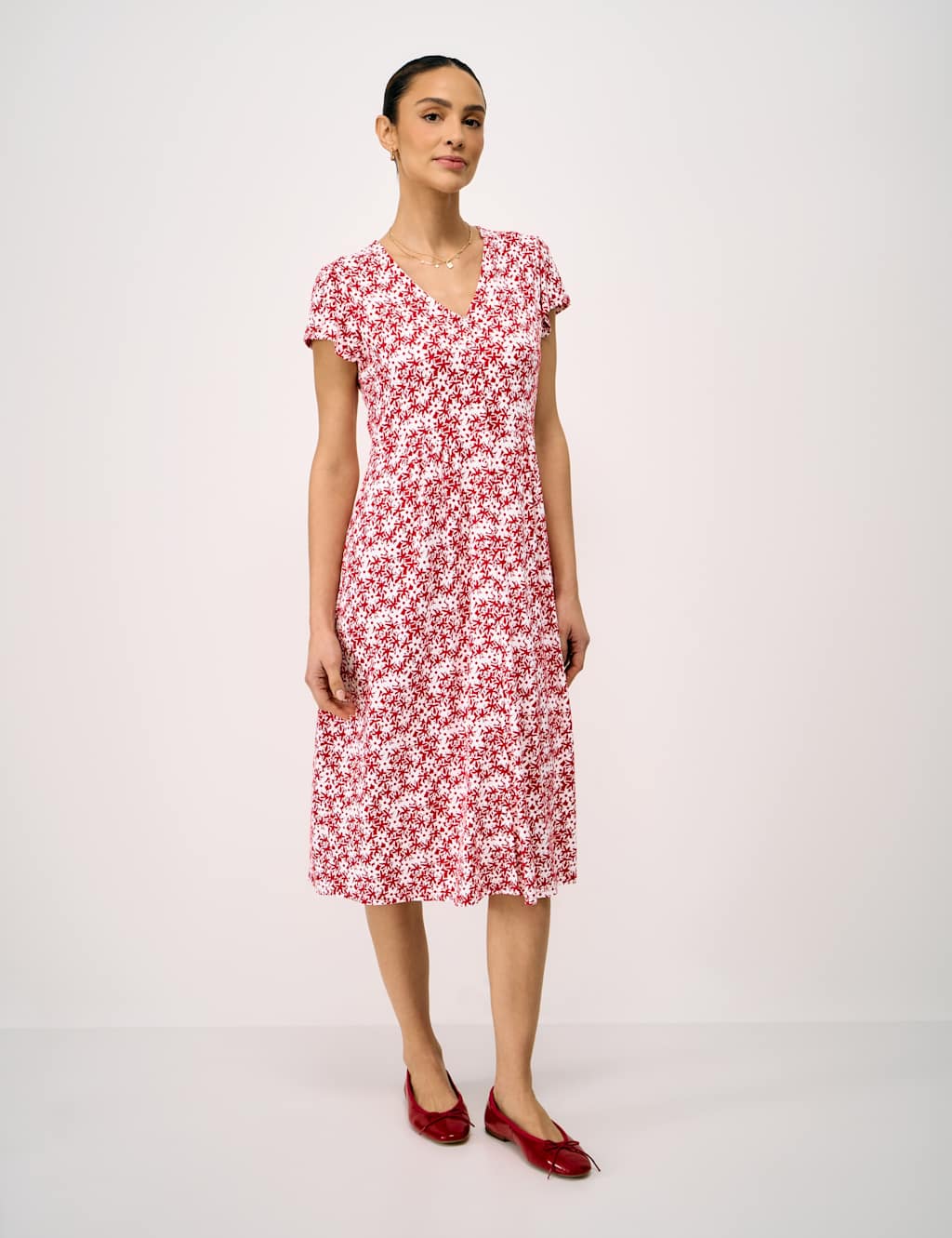 Crew Clothing Women's Jersey Floral V-Neck Midi Skater Dress - 10 - Cherry Red - Available at M&S