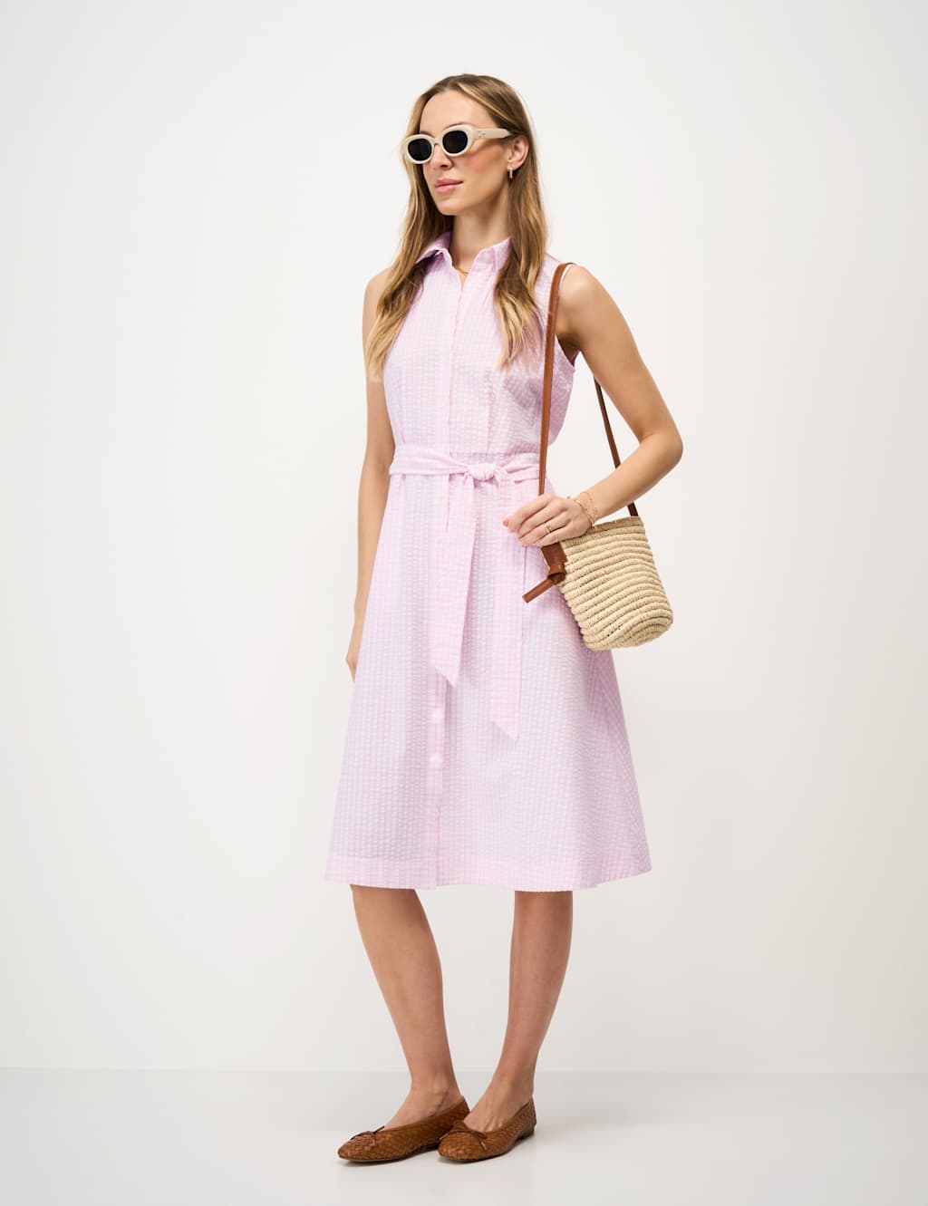 Crew Clothing Women's Pure Cotton Midi Shirt Dress - 16 - Light Pink Mix - Available at M&S