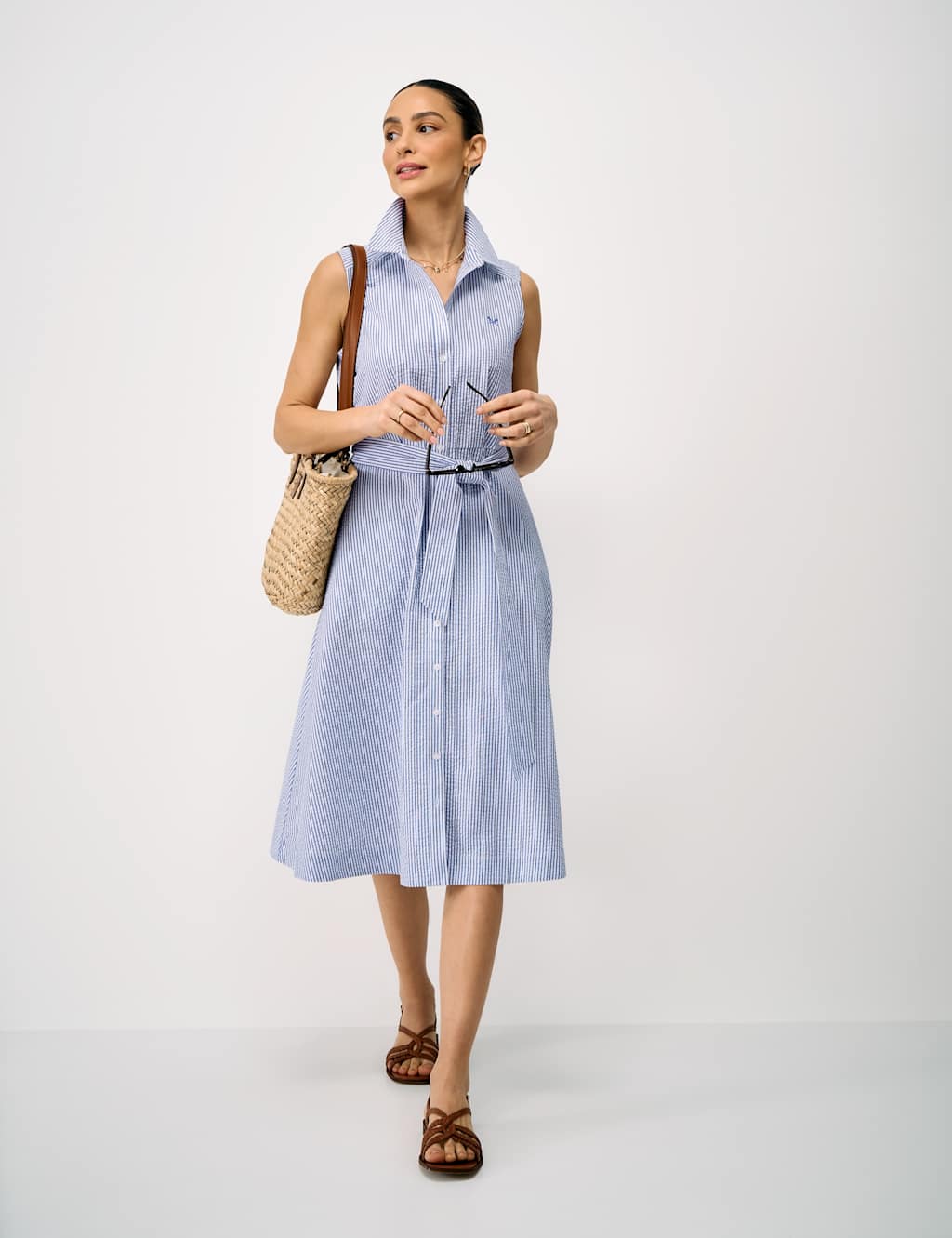 Crew Clothing Women's Pure Cotton Midi Shirt Dress - 16 - Light Blue Mix - Available at M&S