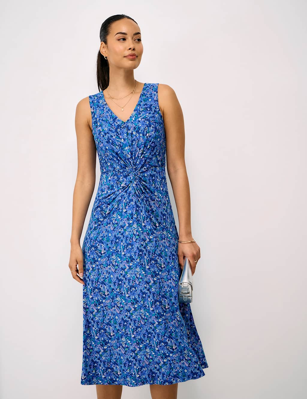 Crew Clothing Women's Jersey Floral Twist Front Midi Skater Dress - 12 - Blue Mix - Available at M&S