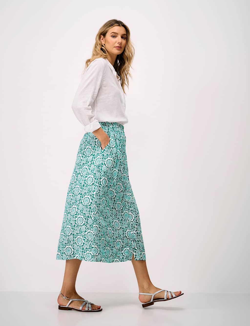 Crew Clothing Women's Floral Midi A-Line Skirt - 8 - Green Mix - Available at M&S