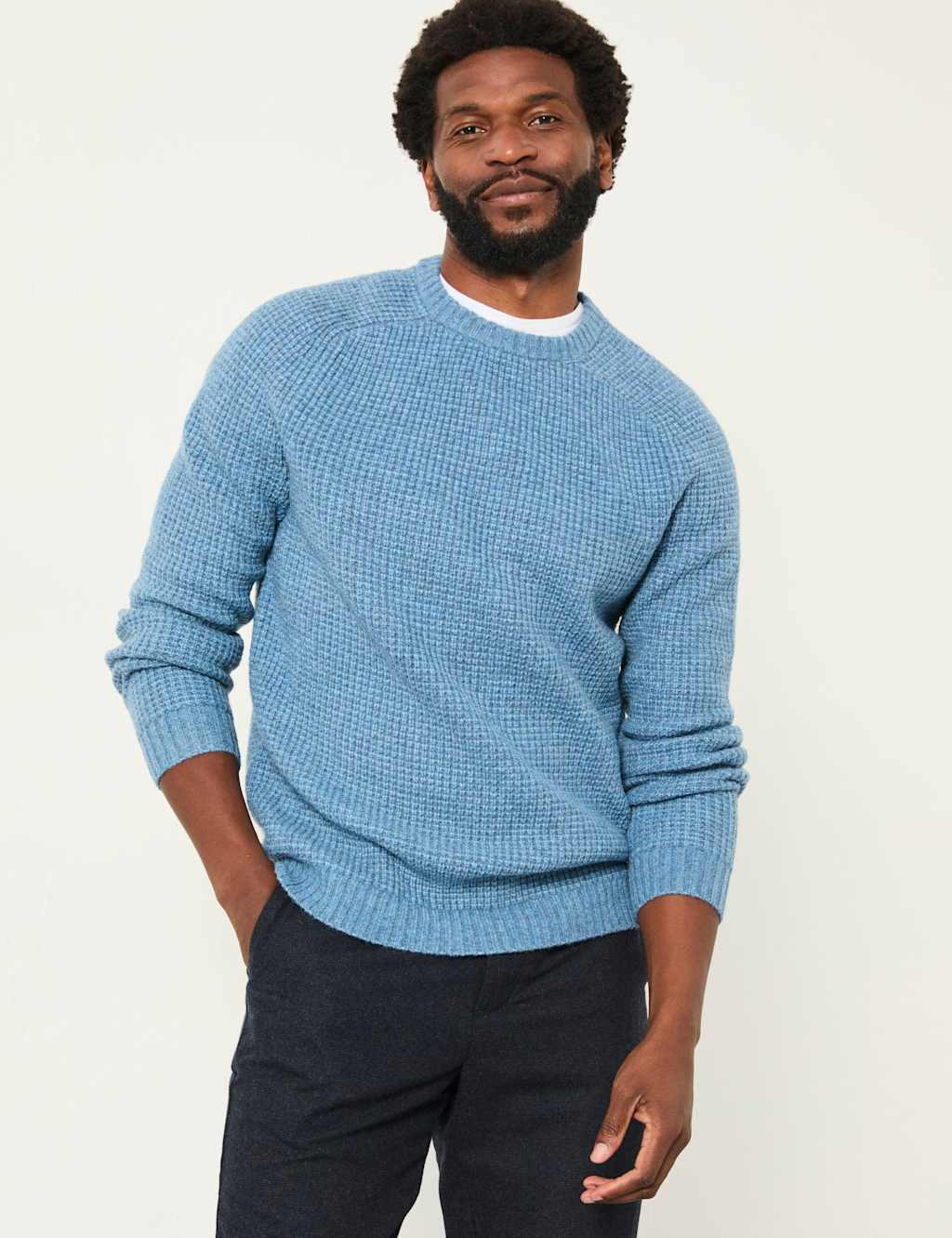 FatFace Knitted Textured Crew Neck Jumper Light Blue