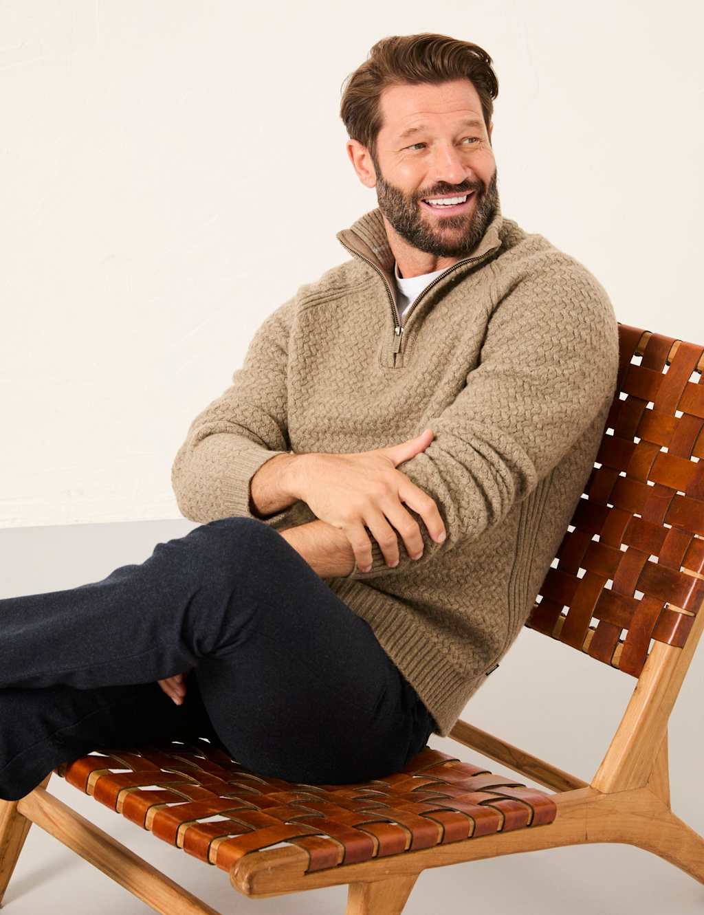 FatFace Knitted Textured Half Zip Jumper Natural