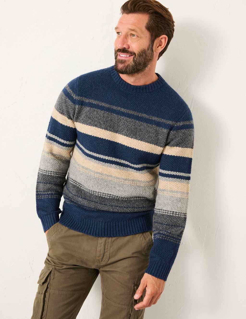 FatFace Knitted Striped Crew Neck Jumper Navy Mix