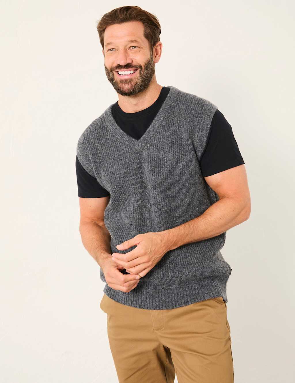 FatFace Textured V-Neck Knitted Vest Charcoal