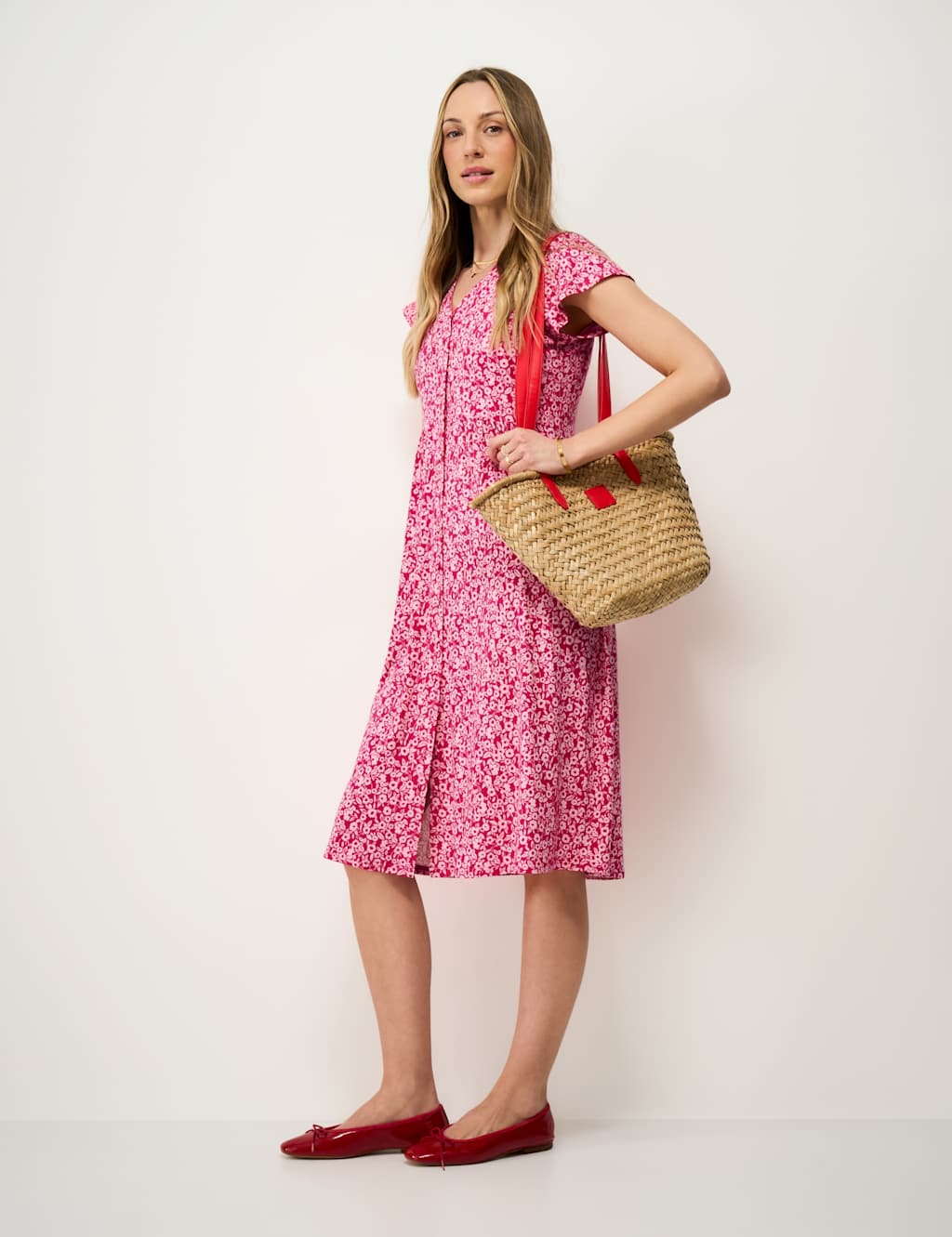 Crew Clothing Women's Jersey Floral V-Neck Midi Skater Dress - 18 - Pink Mix - Available at M&S