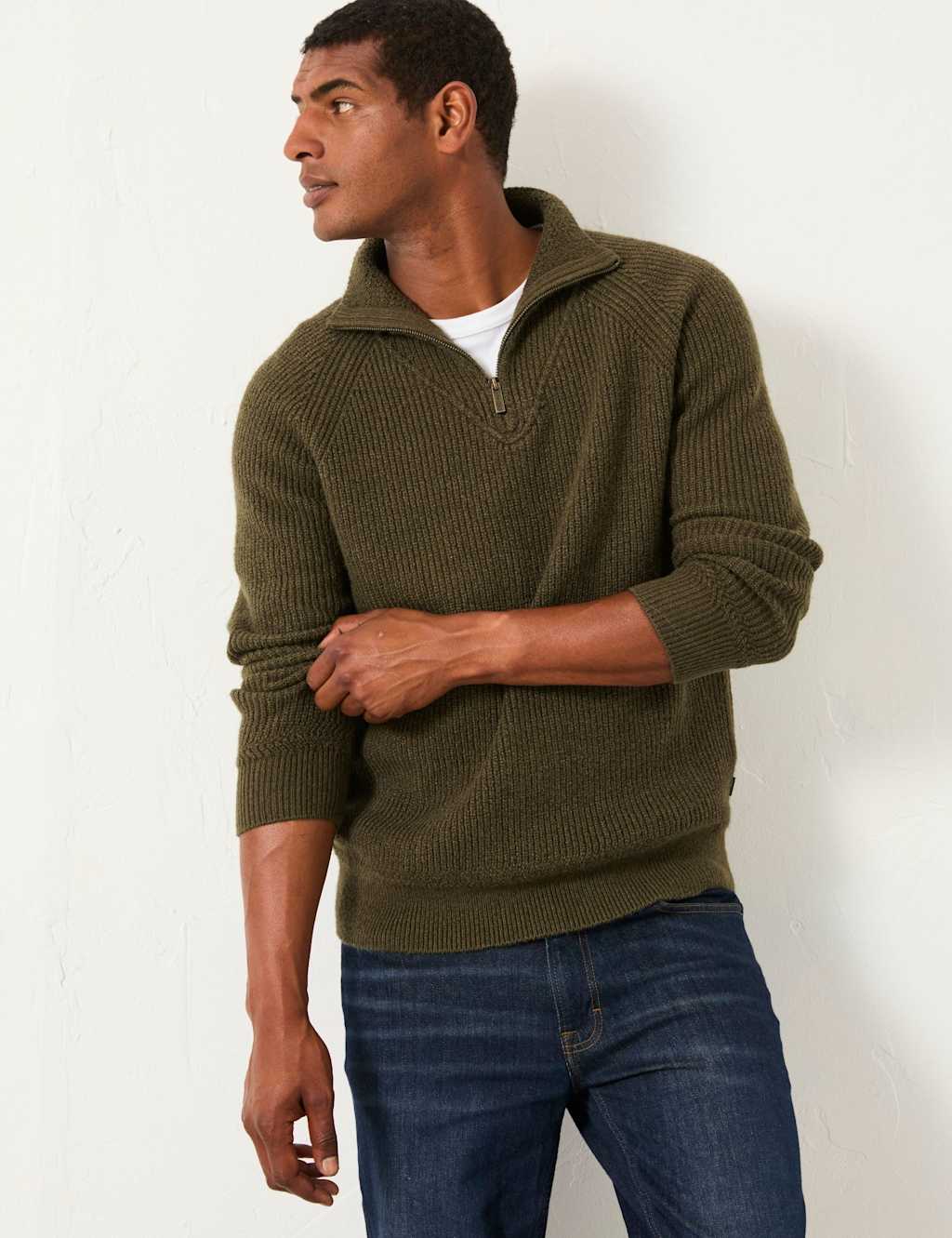FatFace Cotton Rich Ribbed Half Zip Jumper Khaki