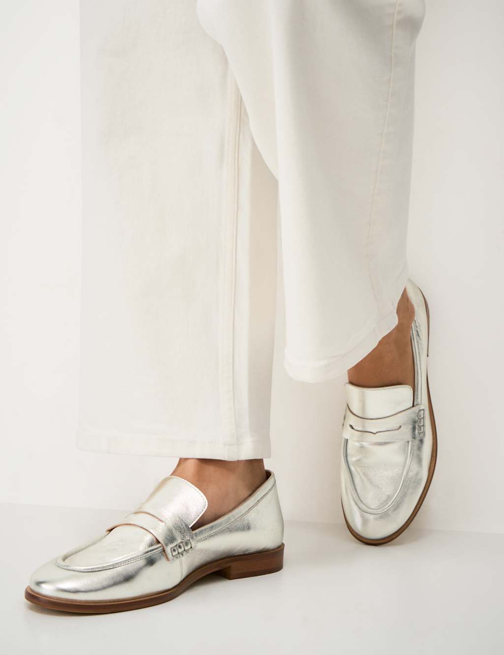 Crew Clothing Women's Leather Metallic Slip On Penny Loafers - 39 - Silver - Available at M&S