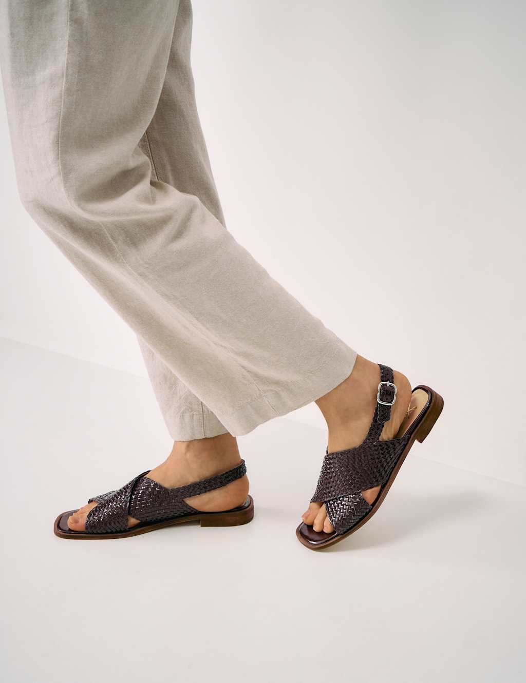 Crew Clothing Women's Leather Patent Woven Crossover Flat Sandals - 40 - Burgundy - Available at M&S