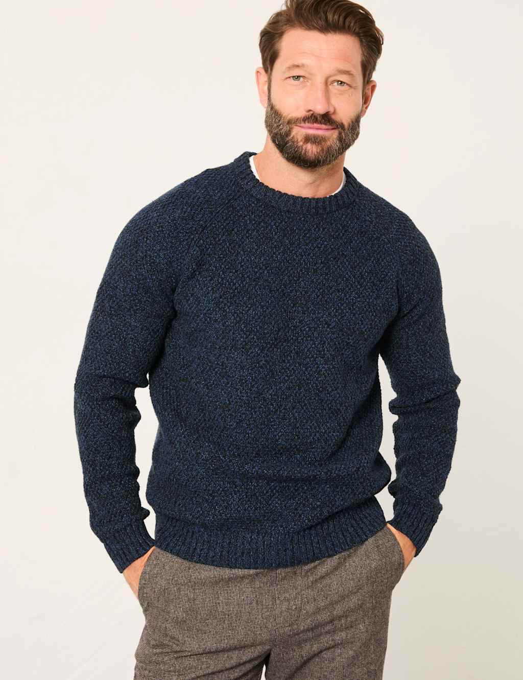 FatFace Cotton Rich Textured Jumper with Wool Navy