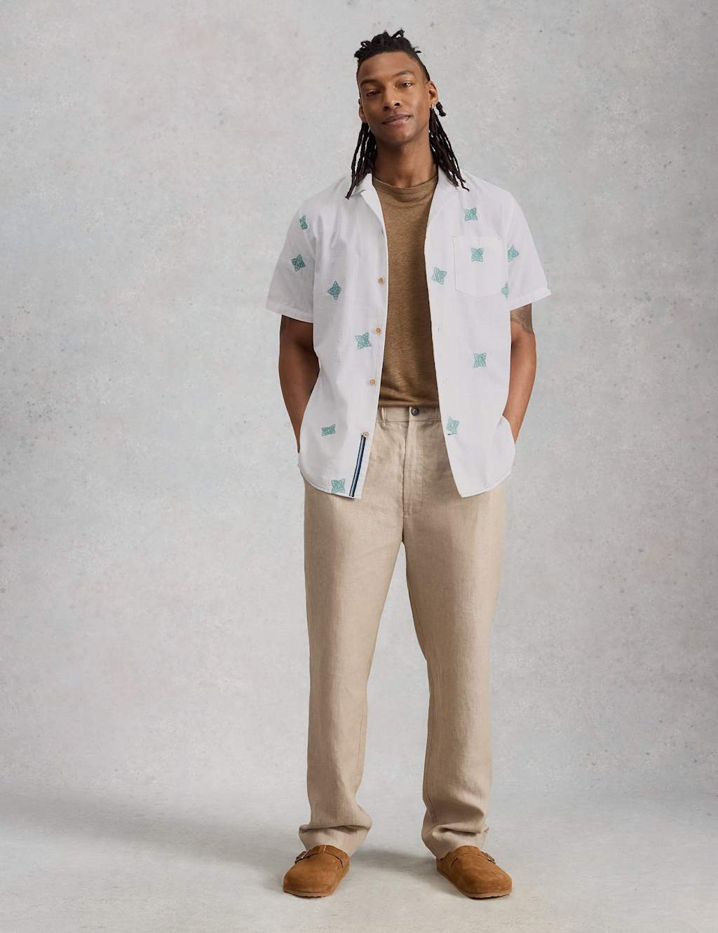 White Stuff Men's Pure Cotton Embroidered Short Sleeve Shirt - M - White Mix - Available at M&S