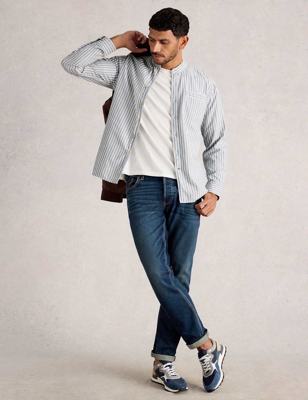 White Stuff Men's Grandad Collar Stripe Shirt - LREG - Blue Mix, Blue Mix