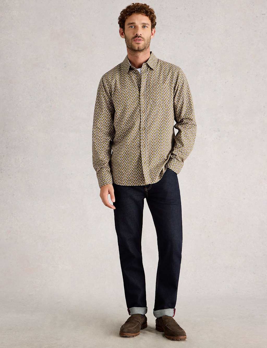 White Stuff Regular Fit Pure Cotton Fan Print Shirt Green Mix