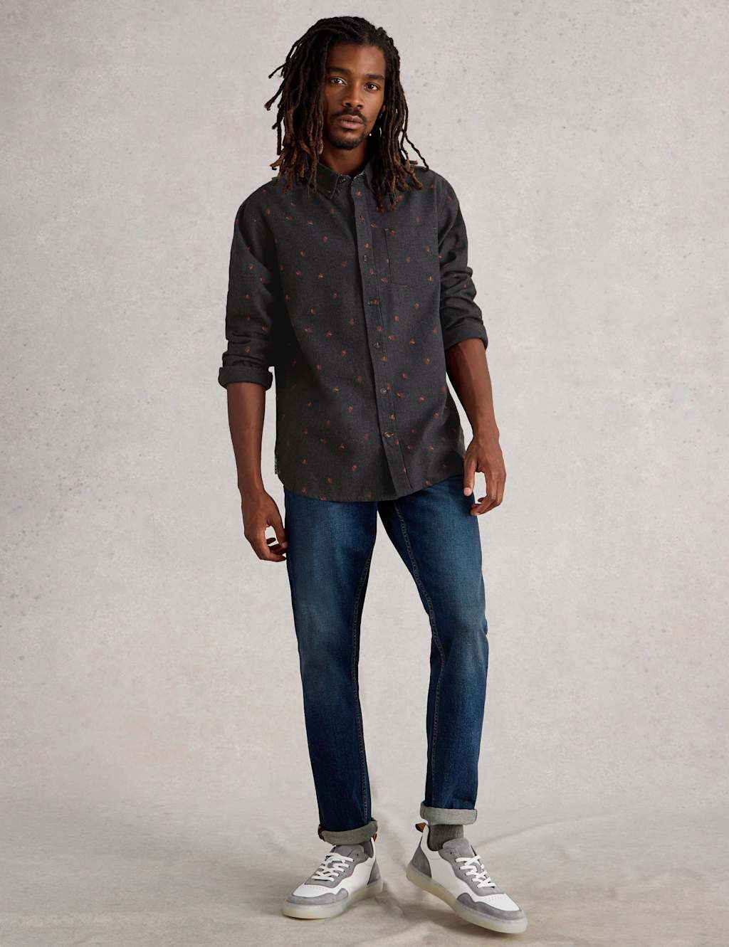 White Stuff Regular Fit Pure Cotton Fan Print Shirt Grey