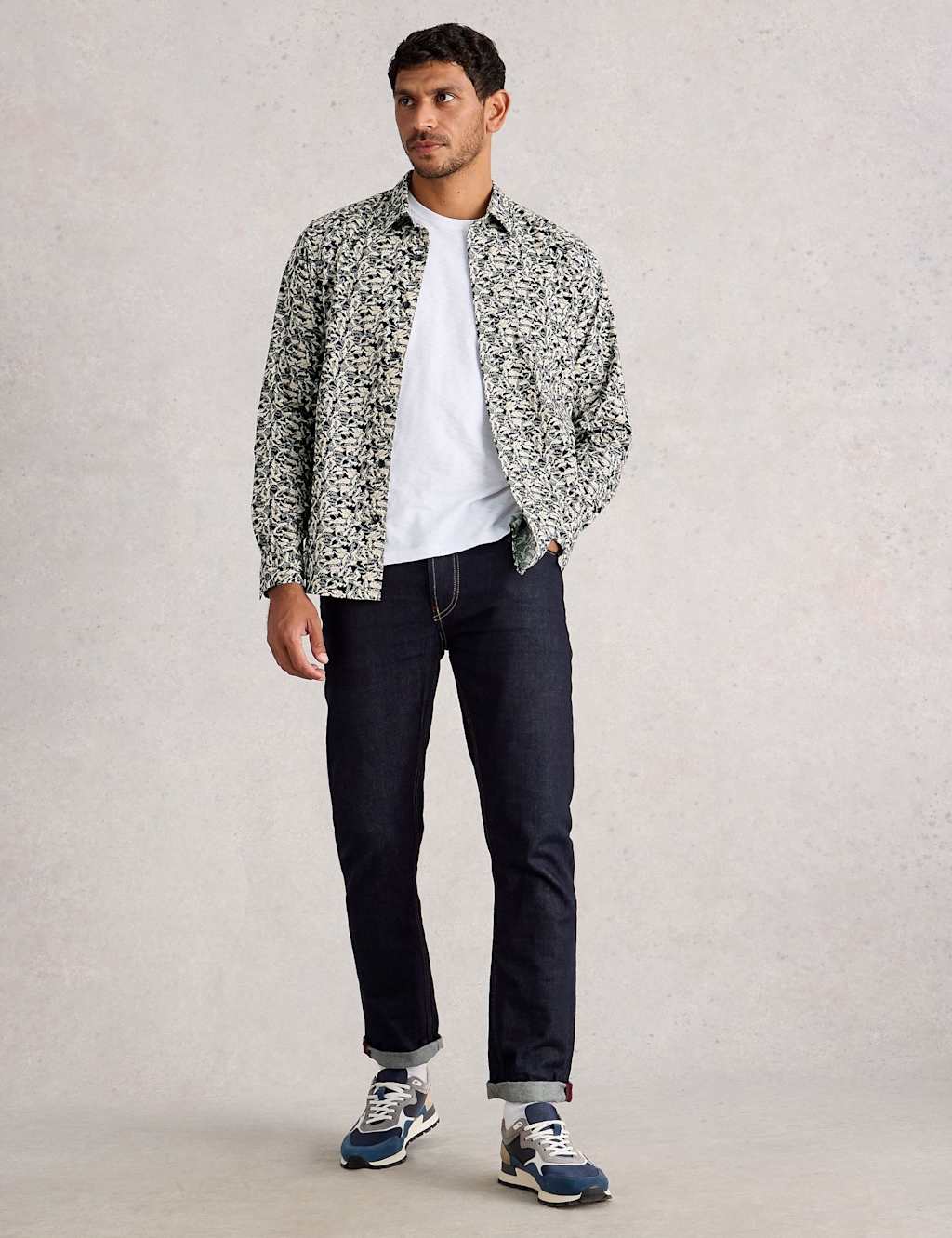 White Stuff Slim Fit Cotton Rich Fish Print Shirt Navy Mix