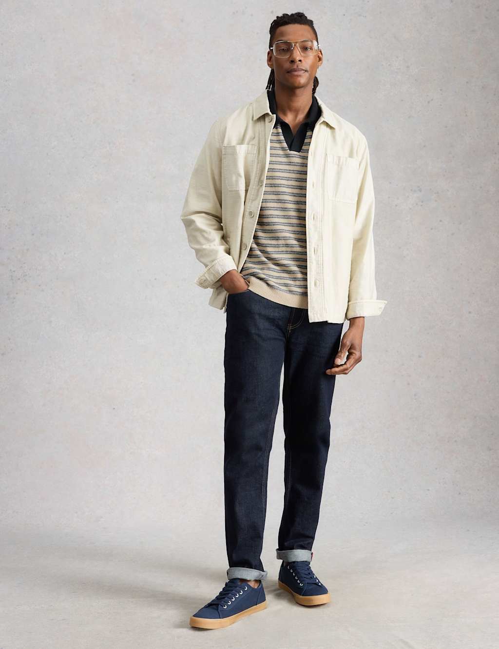 White Stuff Men's Cotton Linen Blend Striped Knitted Polo Shirt - L - Navy Mix - Available at M&S