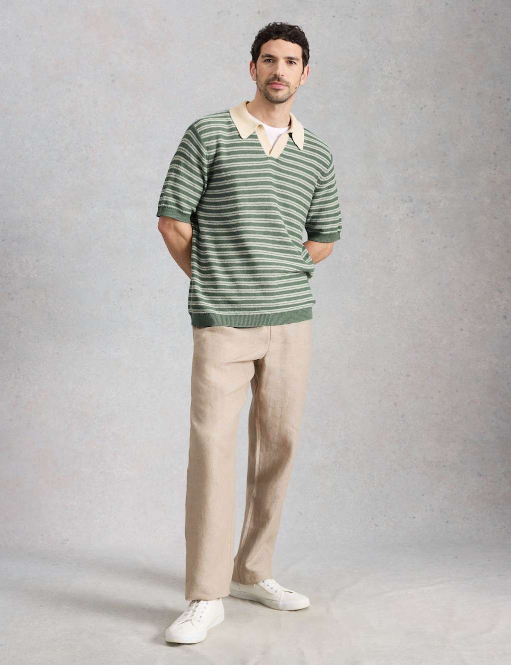 White Stuff Men's Cotton Linen Blend Striped Knitted Polo Shirt - M - Green Mix - Available at M&S