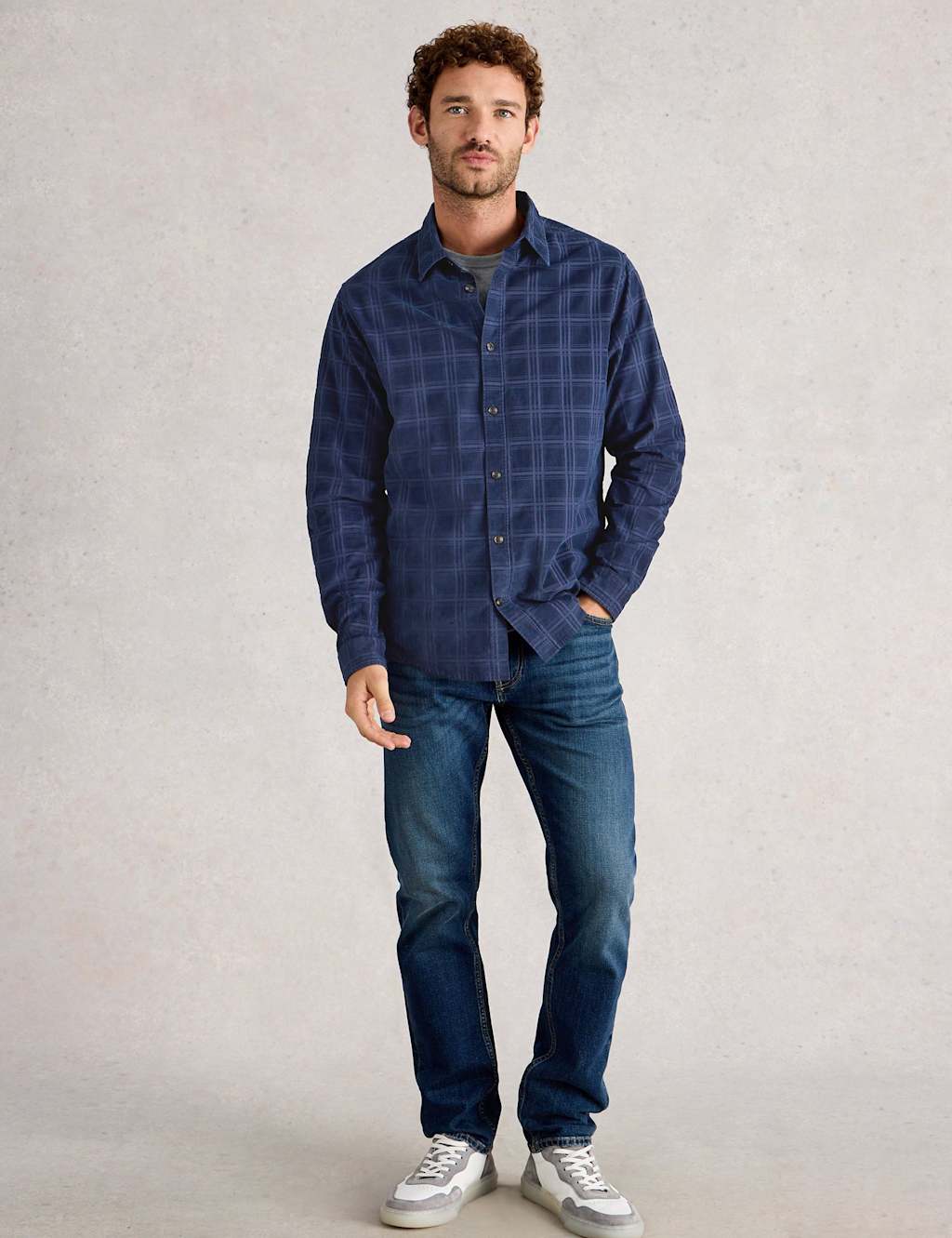 White Stuff Regular Fit Corduroy Checked Shirt Navy