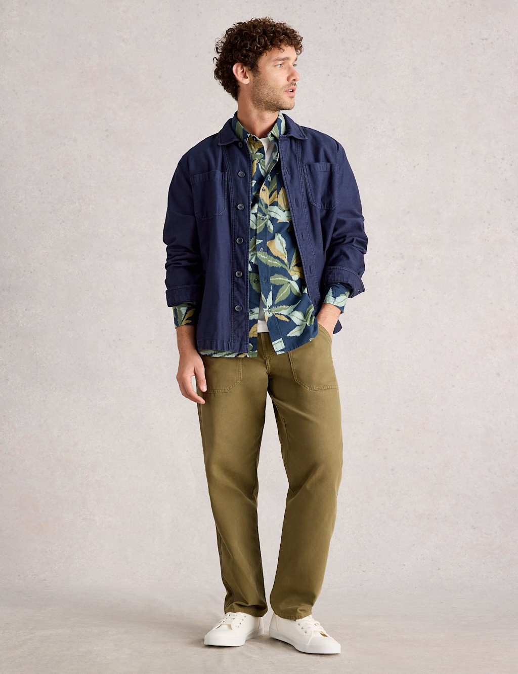 White Stuff Regular Fit Pure Cotton Leaf Print Shirt Navy Mix