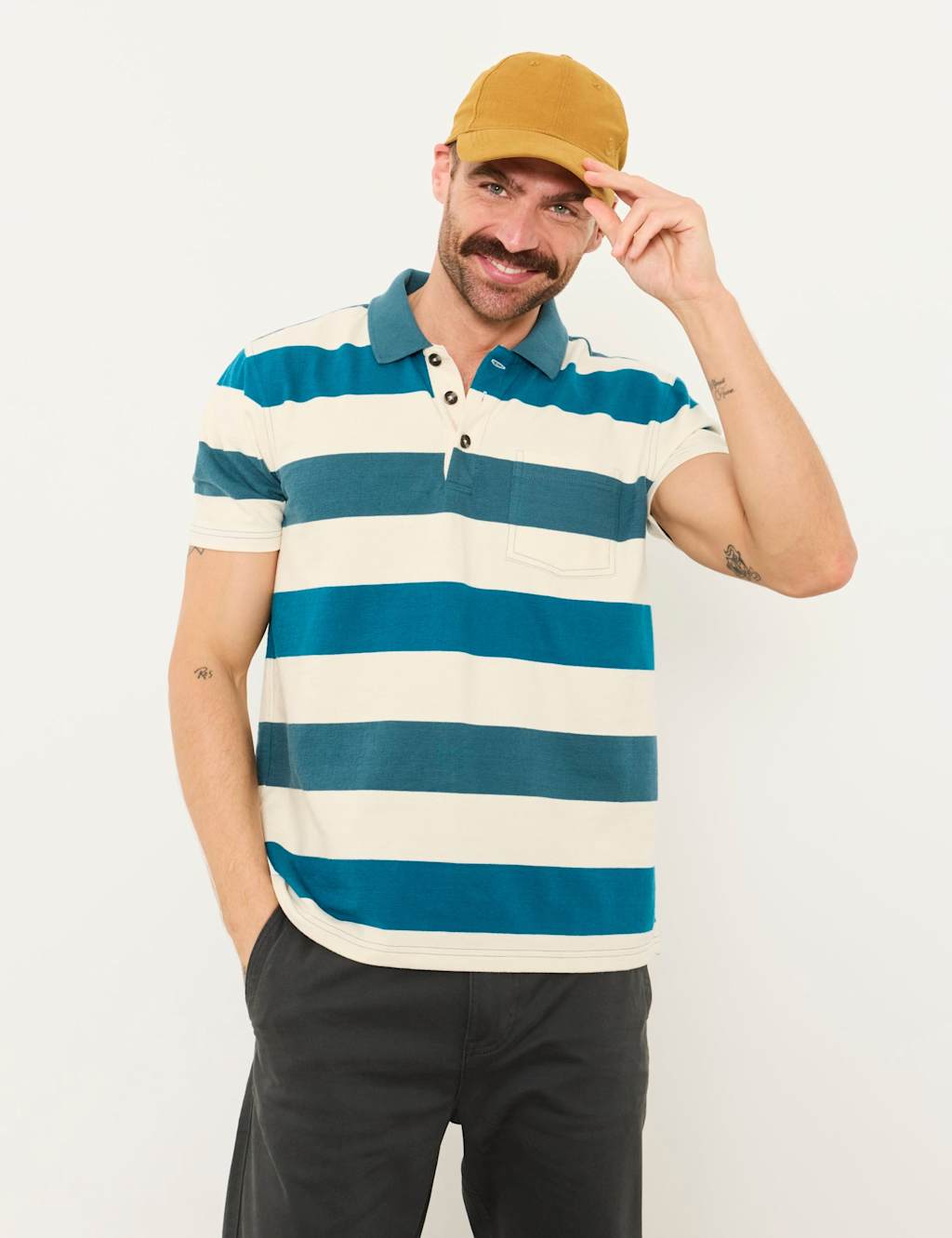 Fatface Men's Pure Cotton Block Striped Polo Shirt - L - Oatmeal Mix - Available at M&S