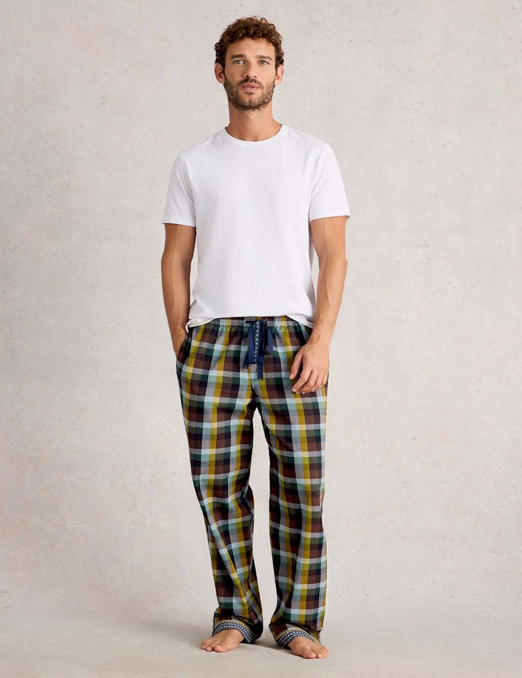 White Stuff Pure Cotton Checked Pyjama Bottoms Green Mix