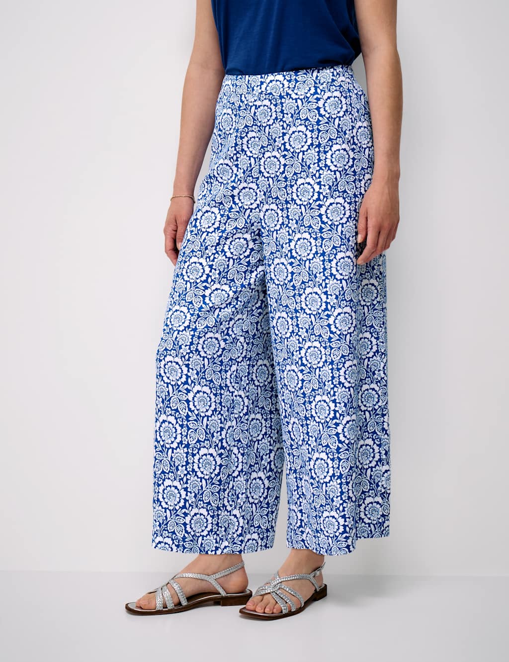 Crew Clothing Women's Lyocell Blend Floral Wide Leg Trousers - 10 - Blue Mix - Available at M&S