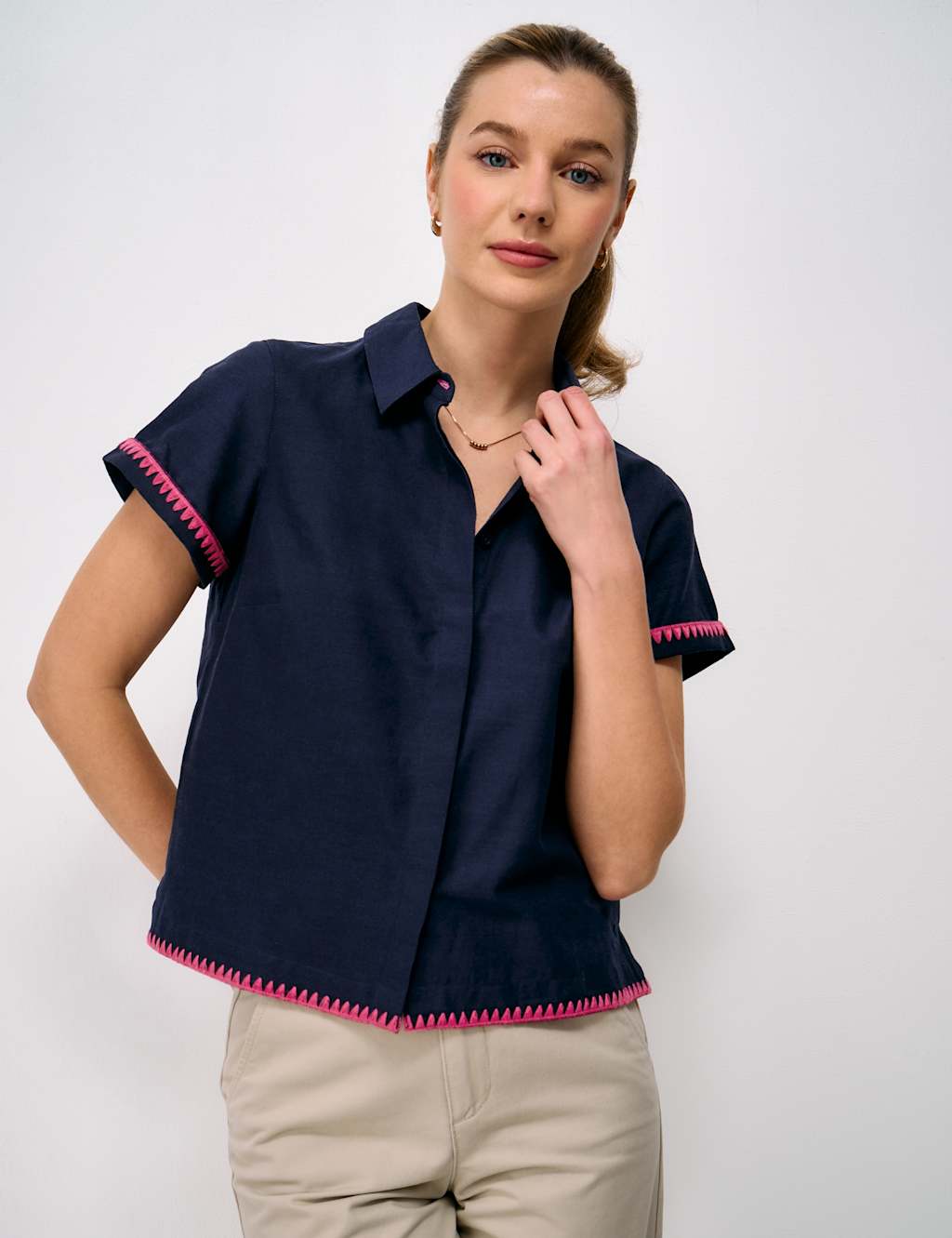 Crew Clothing Women's Cotton Rich Edge Stitched Shirt with Linen - 10 - Navy - Available at M&S