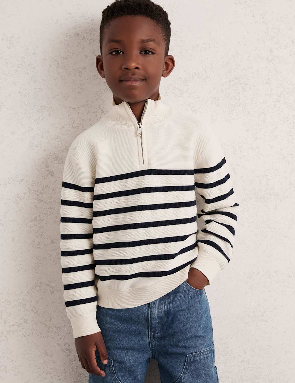 Reiss Cotton Blend Striped Half Zip Jumper (3-14 Yrs) White Mix
