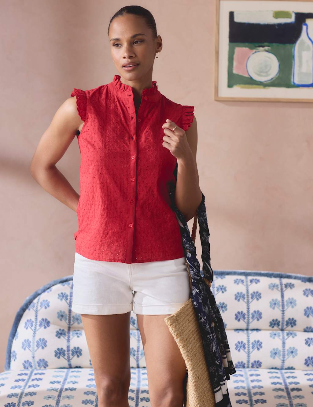 Crew Clothing Women's Pure Cotton Broderie Frill Detail Blouse - 12 - Bright Red - Available at M&S