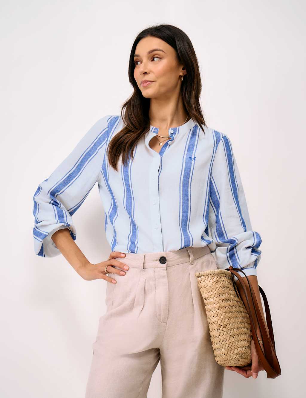 Crew Clothing Women's Linen Rich Striped Crew Neck Blouse - 10 - Navy Mix - Available at M&S