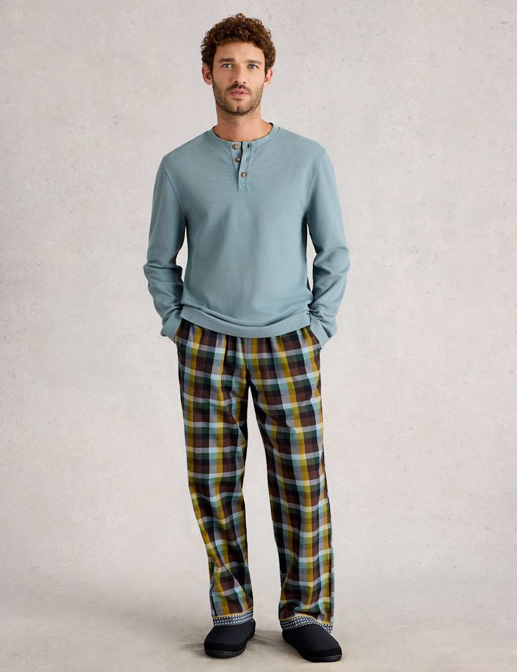 White Stuff Pure Cotton Waffle Henley Top Blue