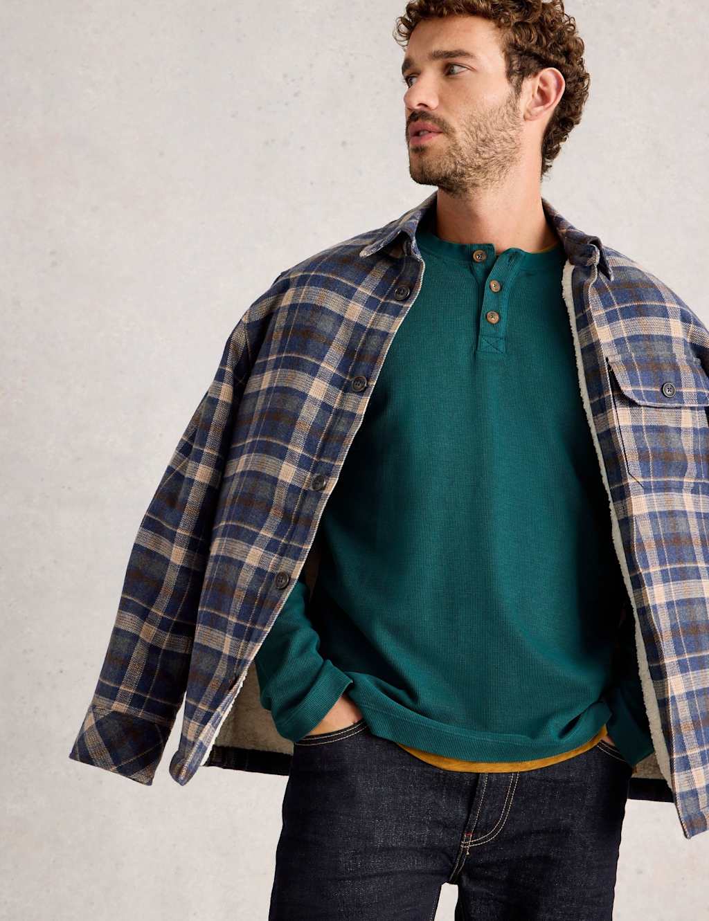 White Stuff Pure Cotton Waffle Henley Top Green