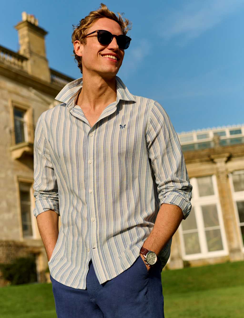 Crew Clothing Men's Regular Fit Pure Cotton Striped Shirt - XL - Bright Blue - Available at M&S